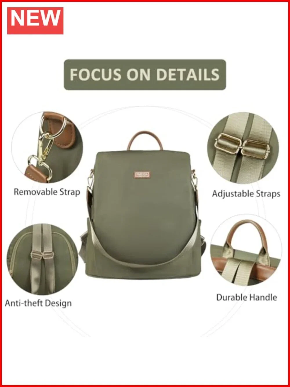 Women's Anti-Theft Convertible Backpack Purse Waterproof Nylon Daypack 13 inch